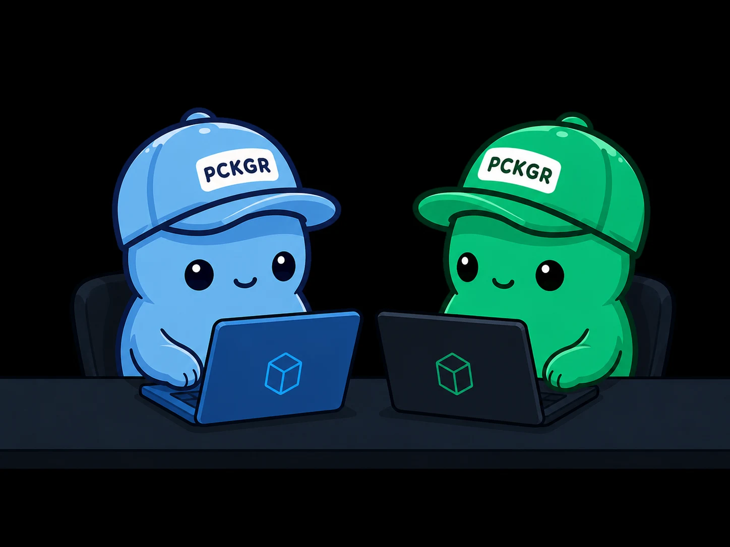 Blue and green Pckgr mascots working together on laptops